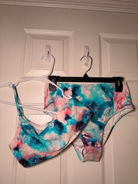 Listicle Aqua Teal Pink Marble Print Bikini Set